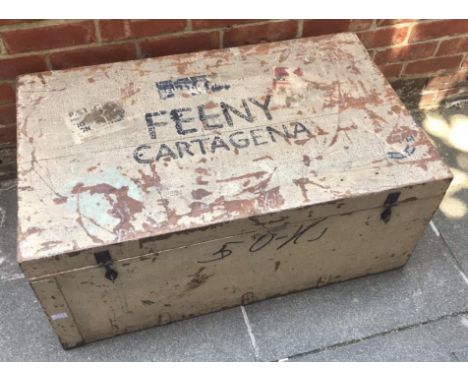 A large painted flat-topped camphor wood travelling trunk with twin handles, printed to the cover 'Feeny Cartegena', 92cm wid