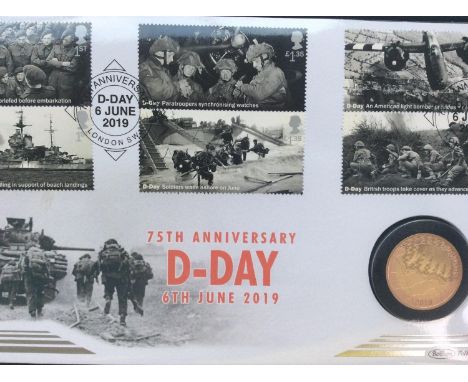 A Harrington &amp; Byrne 2019 75th Anniversary of The Normandy Landings £2 Gold Proof Coin Cover, ERII Fifth portrait obv, No