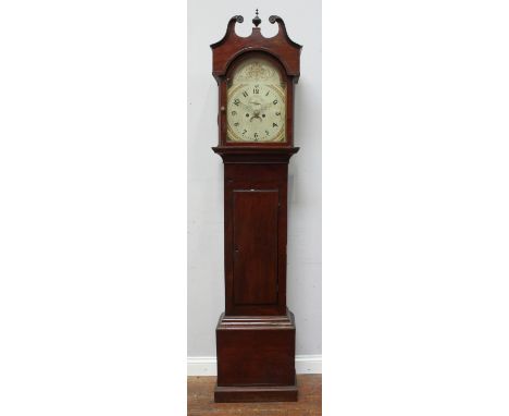 A late Georgian stained mahogany longcase clock, with 30-hour movement, painted dial with Arabic numerals and gemstones, subs