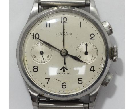 An unusual mid-20th century gents stainless steel Lemania chronograph wristwatch, possibly a 15 TL with double pushers and In