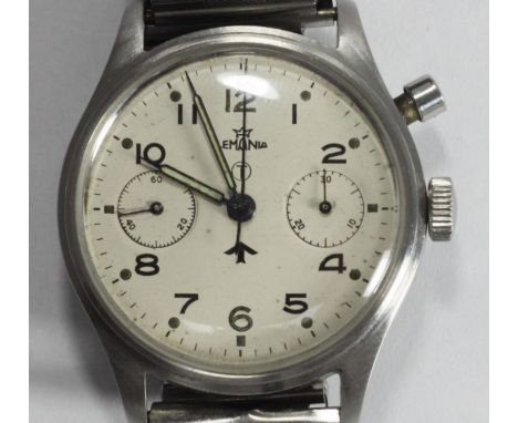 A Rare Military Royal Navy Issue Stainless Steel Single Push Chronograph Wristwatch, signed Lemania, circa 1950, the silvered