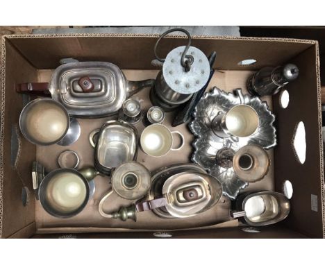A small collection of assorted silver-plated items comprising goblets, a four-piece tea set, a candelabrum and salt shaker et