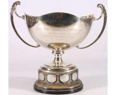 George V sterling silver twin-handled trophy on hardwood stand, 'Telford Park Lawn Tennis CLub, Mon, Open Doubles Championshi