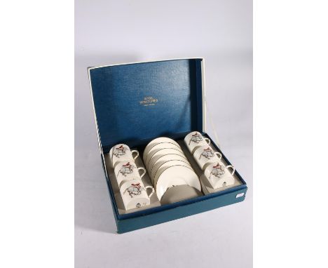 Royal Worcester bone china twelve piece coffee set decorated with fox hunting pattern including horse and rider, beagles and 