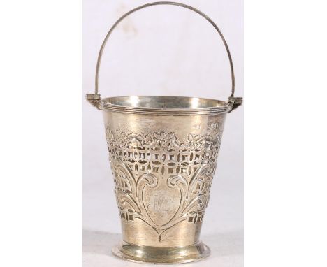 Victorian sterling silver swing-handled bucket, the pierced body with heavy foliate decoration, Josiah William &amp; Co. (Geo