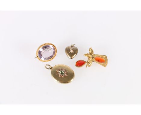 Yellow metal brooch with inset faceted and cabochon orange stones, unhallmarked, 4.0g gross, a yellow metal mounted brooch wi