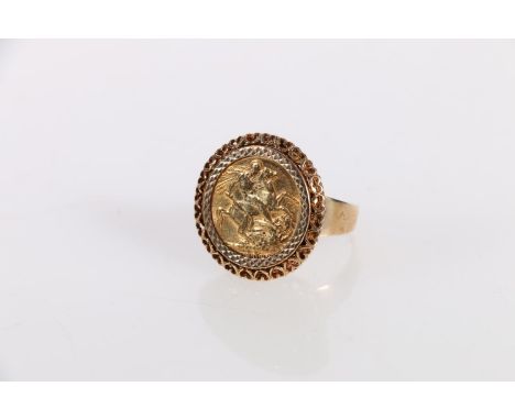 An Edwardian 1908 gold sovereign in a 9ct yellow gold ring mount with pierced mount, size V, 15.5grams gross. 