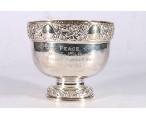 Sterling silver pedestal bowl, with embossed foliate decoration, engraved 'Peace, Dorothy Heathcote, Buxton Victory Ball, 23 