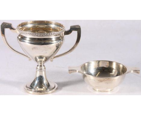 Sterling silver quaich, Walker &amp; Hall, Sheffield, 1963, 10cm diameter, 112g, a sterling silver twin-handled trophy, Willi