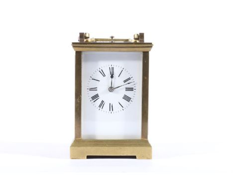 Antique French repeater carriage clock, the white enamel dial with Roman numerals, the back plate stamped 'FRANCE 1577', 18cm