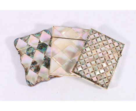 Three Victorian tortoiseshell, mother of pearl and abalone shell card cases. (3)  Piece of metal on top missing from one. Oth