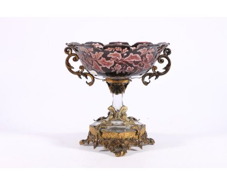Continental gilt metal and glass pedestal bowl, the base of gilt metal clad glass with ornate scroll and foliate decoration h