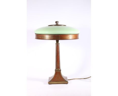 French style early 20th century Art Deco style mahogany table lamp with decorative brass inlay having green opaline glass sha