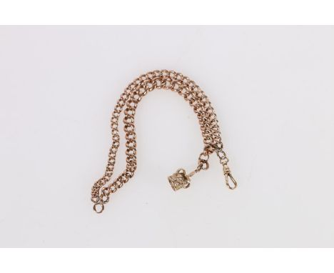 9ct rose gold double strand watch guard chain of graduated curb links with 9ct yellow gold crown charm, 21cm long, 38.5g gros