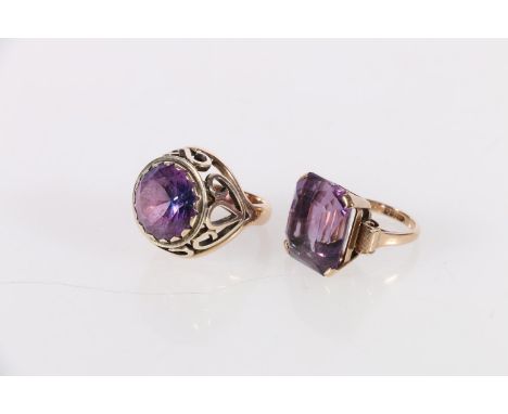 9ct gold faceted amethyst set ladies cocktail ring, Birmingham, size K, 8.2g and another gold faceted stone set ladies ring, 