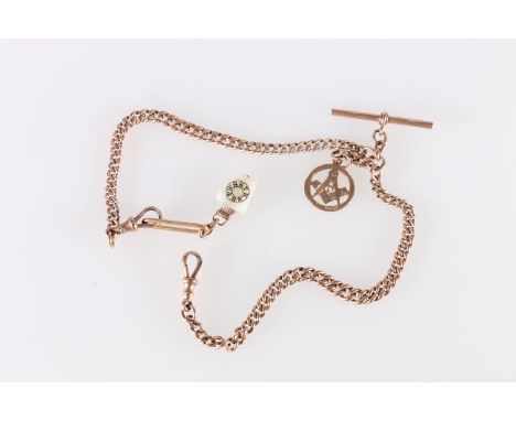 9ct gold curb link watch chain or Albert guard with 9ct gold Masonic fob and another, 38.1g gross. Good condition, 34.2g with