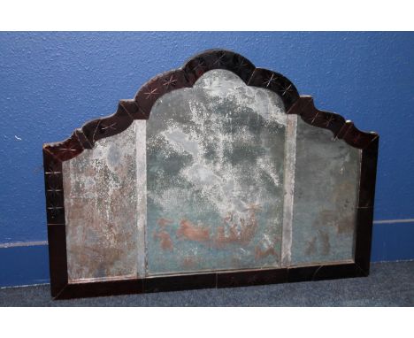Antique Venetian glass wall mirror with arch top with ruby glass surround, the plate glass etched with Oriental scene, 122cm.