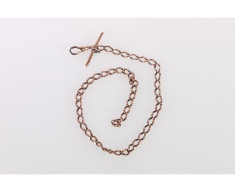 9ct rose gold curb link watch guard Albert chain, makers mark 'B&amp;S', 28.6g gross.&nbsp; 