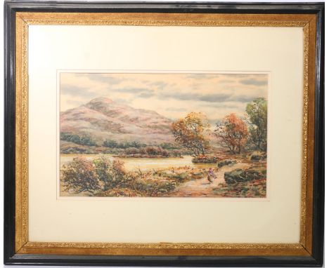 JOHN HAMILTON GLASS SSA (Scottish 1820-1885)&nbsp; Scottish Highland landscape with figure gathering sticks on a riverside pa