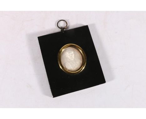 Framed repousse portrait miniature of a Gentleman on white metal panel, signed 'T.Beston Et'? in rectangular ebonised wooden 