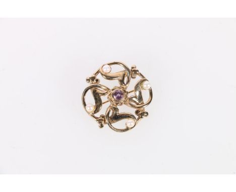 9ct gold amethyst and seed pearl set brooch, maker NG possibly Norman Grant, 6.5 grams. 