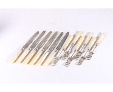 Set of twelve sterling silver and mother of pearl handled knives and forks, Richard Pouldon, London, 1823. 