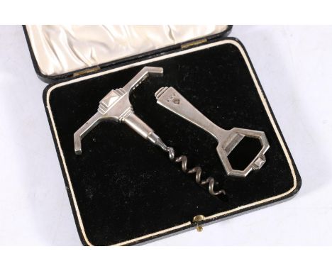 George V sterling silver Art Deco bottle opener and corkscrew set, James Ramsay, London, 1914.  In good clear condition. No o