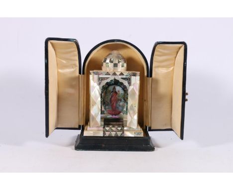 Indian mother of pearl and abalone shell inlaid portable shrine (zushi) in the form of a temple, the doors opening to reveal 