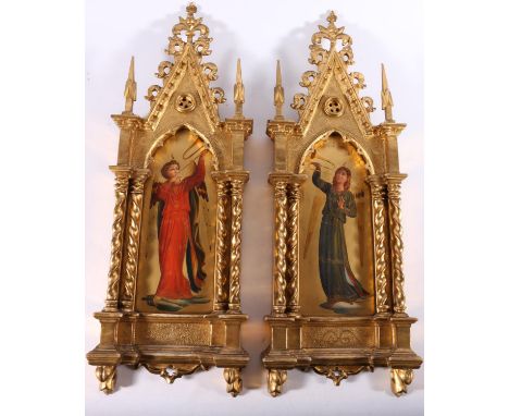 Pair of Italian Grand Tour gilded wood Florentine niche or icon panels of angels playing instruments&nbsp;after Renaissance o