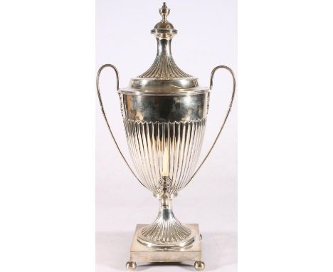 Victorian sterling silver twin handled tea urn and cover, the detachable cover with urn finial, the body with all over flutin