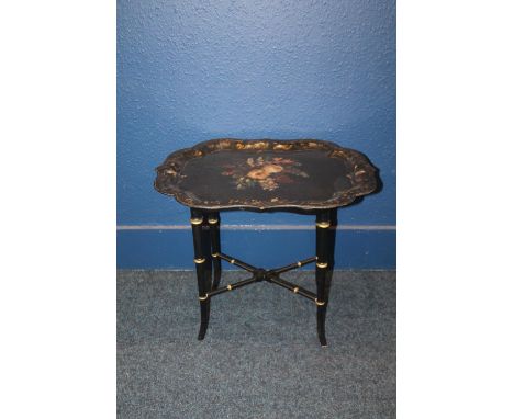 Victorian painted papier mache tray top table on stand, 63cm wide. 