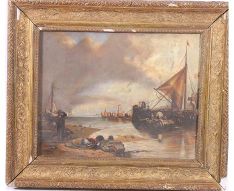 R T BEVERLY? (19th Century)&nbsp; Boats by a shore&nbsp; Oil on board, signed, 22.5cm x 28cm. 