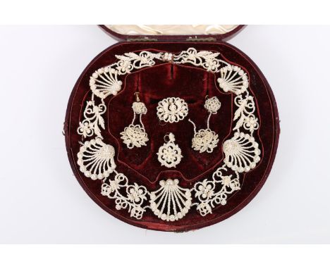Georgian woven seed pearl parure necklace and matching earrings set, in fitted antique case. 