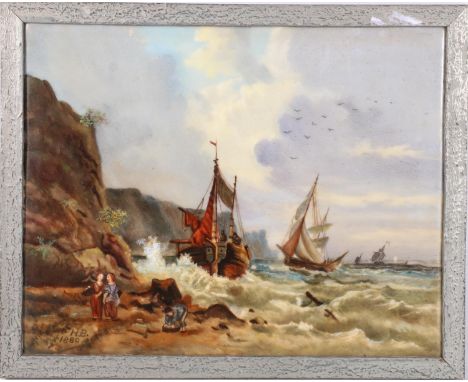 19TH CENTURY SCHOOL&nbsp; Coastal scene with boats by cliffs and figures on the shore&nbsp; Oil painting on tile, signed 'HB'