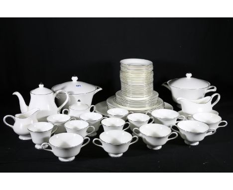 An extensive fifty-eight piece Wedgwood Silver Ermine pattern dinner and tea service including tureens and covers, soup bowls