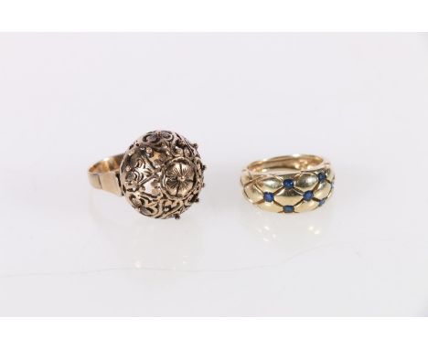 Unhallmarked yellow metal dress ring, with rose front, 8g, yellow gold sapphire set ring, size M, 3.9g, 11.9g gross. 