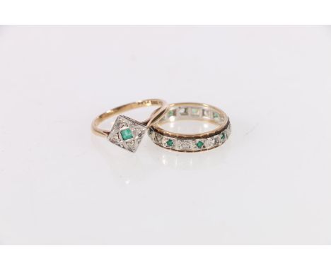 Art Deco 9ct gold and platinum lady's cocktail ring set with emerald and diamond, 2g, size N, and an emerald and diamond eter