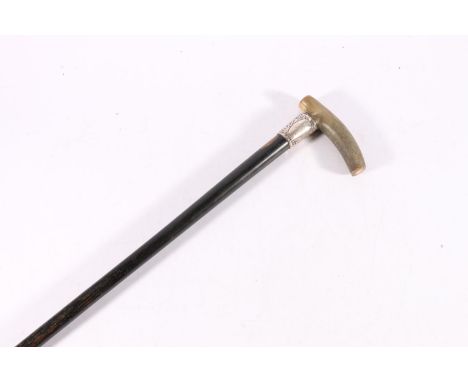 Antique walking stick with pulled horn handle, perhaps rhino?, with silver colour, 88cm long. 
