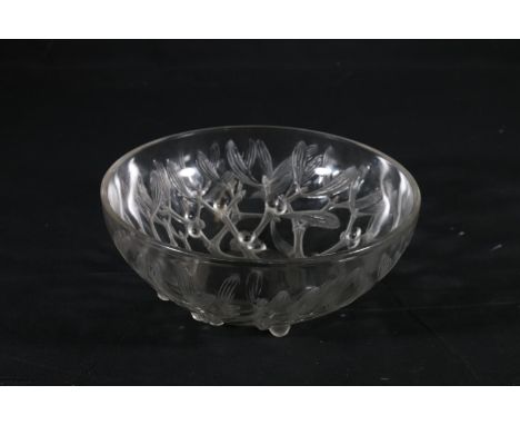 French glass bowl decorated in the mistletoe pattern, marked 'R Lalique' to base, 24cm diameter. 
