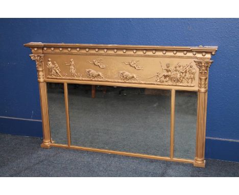 Antique gilt wood overmantle wall mirror with Roman chariot scene to the pelmet, 149cm long.  Several small chips to the top.