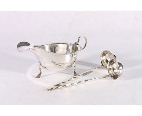 George V sterling silver sauce boat with pie crust edge rim, 1922, 99grams, pair of Scottish silver toddy ladles, marks rubbe