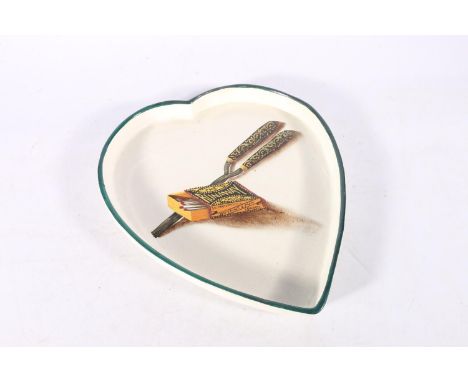 Wemyss Scottish pottery love heart shaped dish decorated with The Runaway Match and curling iron pattern, impressed mark to t