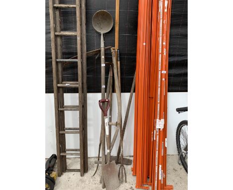 VARIOUS VINTAGE TOOLS - A SCYTHE, DRAIN SCOOP ETC 