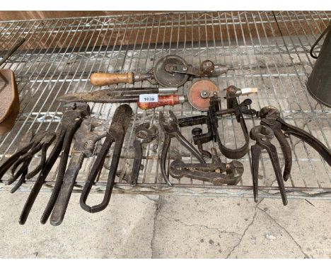 VARIOUS TOOLS TO INCLUDE SNIPS, PLIERS, DRILL ETC 