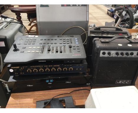 A MIXED QUANTITY TO INCLUDE A PANASONIC DIGITAL AV MIXER, A SOUNDLAB AMPLIFIER, TWO FURTHER AMPLIFIERS AND A GEMINI DUAL CD P