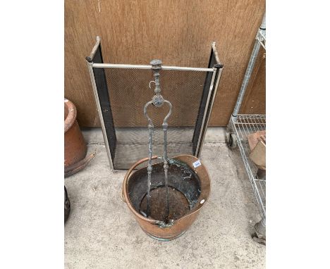 A COPPER COAL BUCKET, FIRE TONGS AND A FIREGUARD 