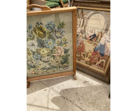 A FRAMED LAST SUPPER TAPESTRY AND A TAPESTRY FIRE SCREEN 