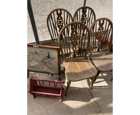 A MAGAZINE RACK, A TAPESTRY FIRE SCREEN AND FOUR OAK WHEEL BACK DINING CHAIRS 