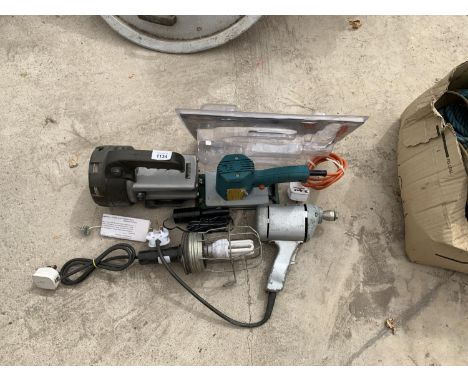 A DRILL, SANDER, TORCH AND INSPECTION LAMP, ALL IN WORKING ORDER 