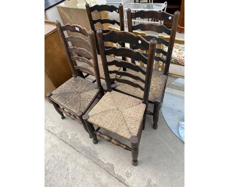 FOUR OAK LADDER BACK DINING CHAIRS WITH RUSH SEATS 